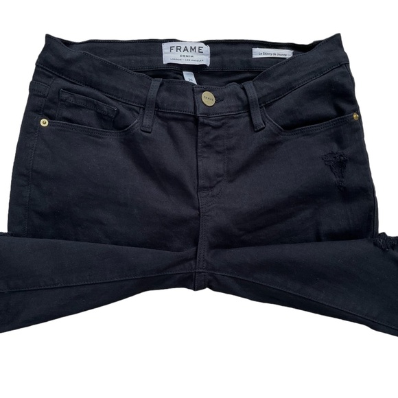 Frame Denim Le Skinny de Jeanne Distressed Ripped Black Jeans Film Noir Size 26 - Picture 8 of 14